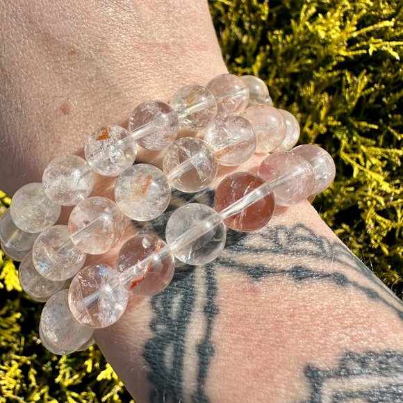 Natural Crystal Gemstones Jewelry - Beautiful Natural Golden Healer and Red Hematoid Quartz 10mm Beaded Bracelet